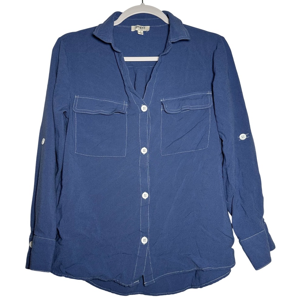 Umgee USA Blue Long Sleeve Button Front Shirt Top Roll Tab Sleeve Pockets Size S